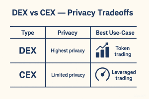 Table comparing DEX vs CEX privacy, showing DEX offers highest privacy for token trading, while CEX offers limited privacy for leveraged trading