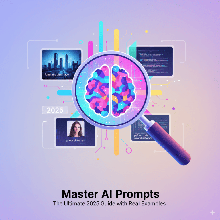 A magnifying glass highlighting a colorful AI brain, surrounded by screens showing examples of AI prompt outputs like a futuristic city, code, and a photo, with the text 'Master AI Prompts: The Ultimate 2025 Guide with Real Examples