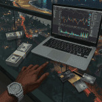 A professional investor analyzing charts and financial data on a laptop, surrounded by stock graphs, real estate icons, and cryptocurrency symbols, representing modern investing in 2025.