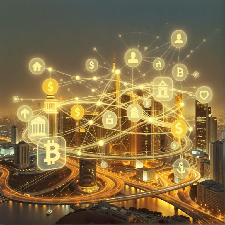 Blockchain financial network illustration showing digital connections, Bitcoin, finance, and decentralized technology over a futuristic cityscape